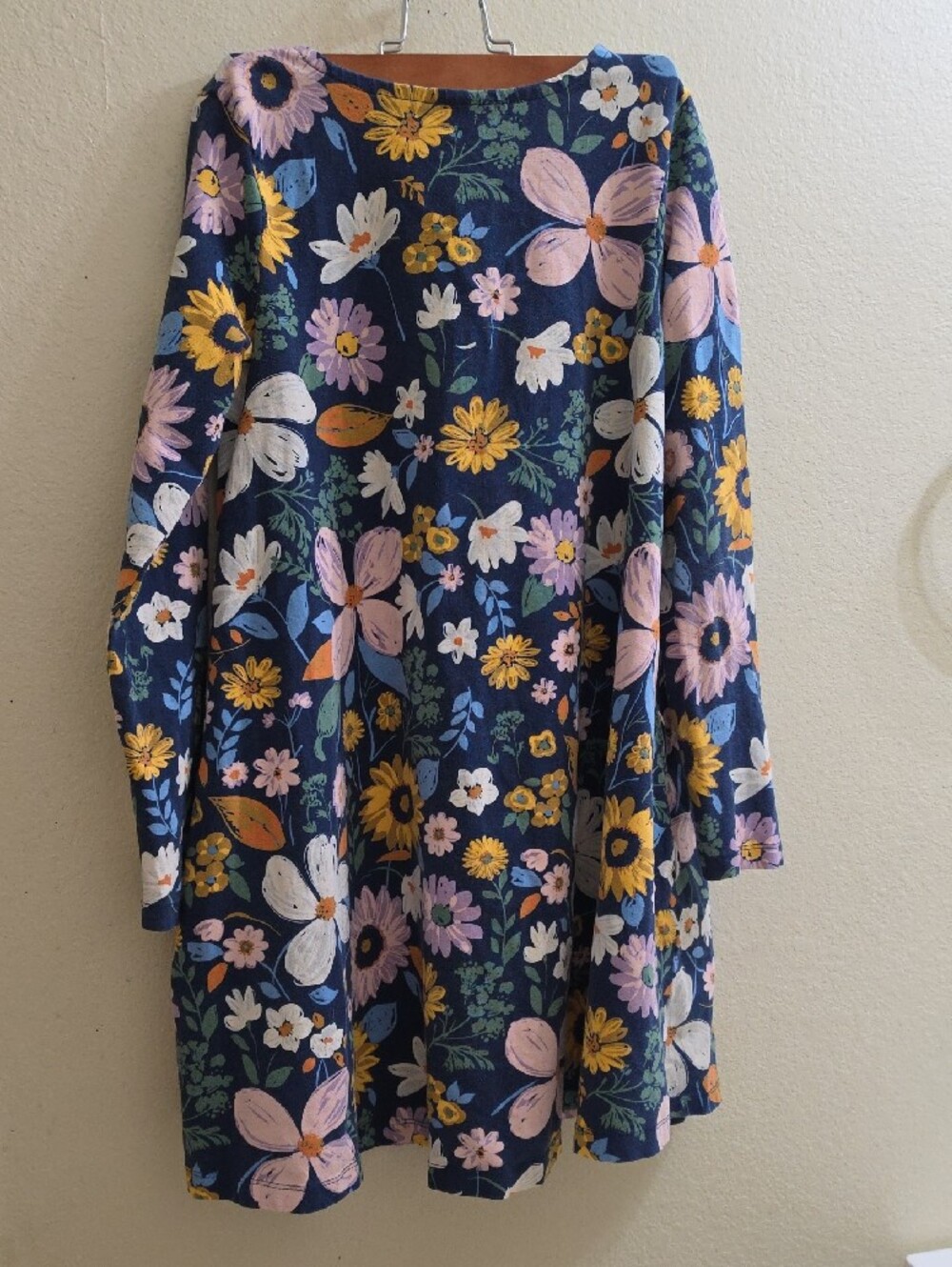 Hanna Andersson Navy Floral Long-Sleeve Dress with Pink & Yellow Blooms, Size 10 - Picture 2 of 5